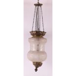 A satin glass hall lamp in brass mounting, Germany 19th century, h 40 cm.