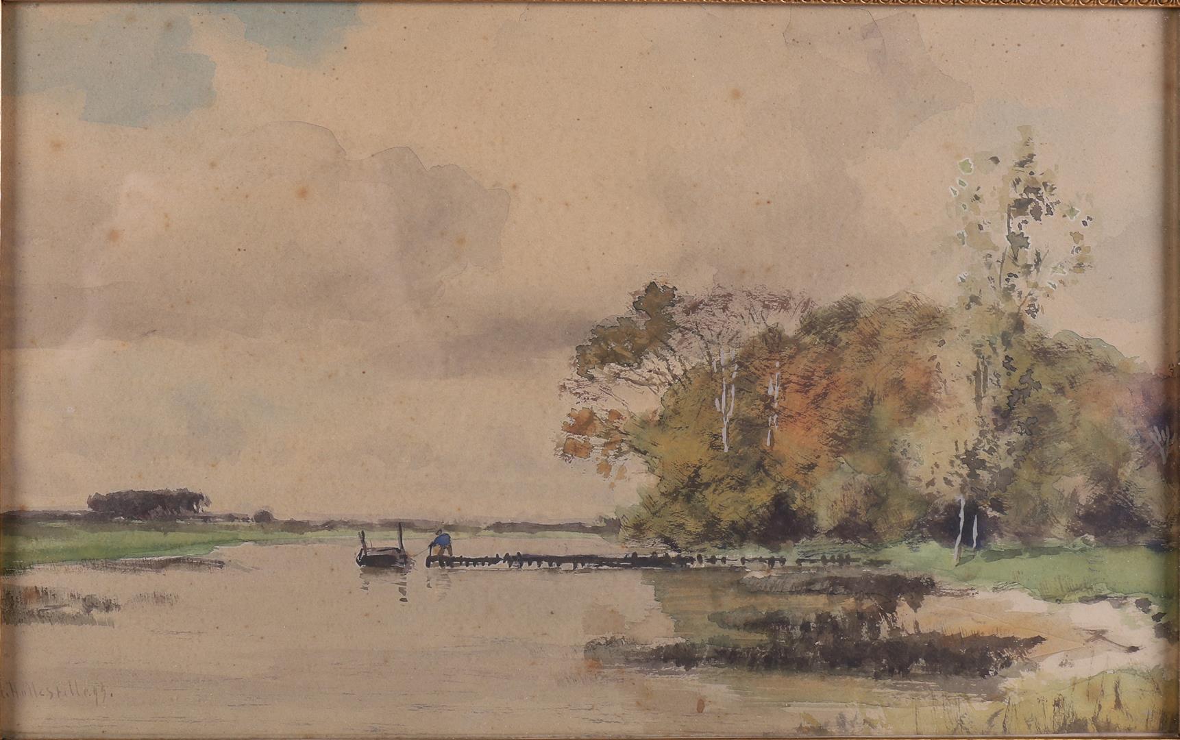 Hollestelle, Jacob Huibrecht (Middelburg 1858-1920) "River view with man and boat", signed in full - Bild 2 aus 3