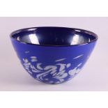 A blue/white glass conical bowl, signed: M. Lococh - De Blaaspipe, no. 872009, h 14.5 x Ø 27.5 cm.