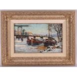 Viegers, Bernardus Petrus (Ben) (The Hague 1886-1947) "Winter landscape with ship at bridge", signed