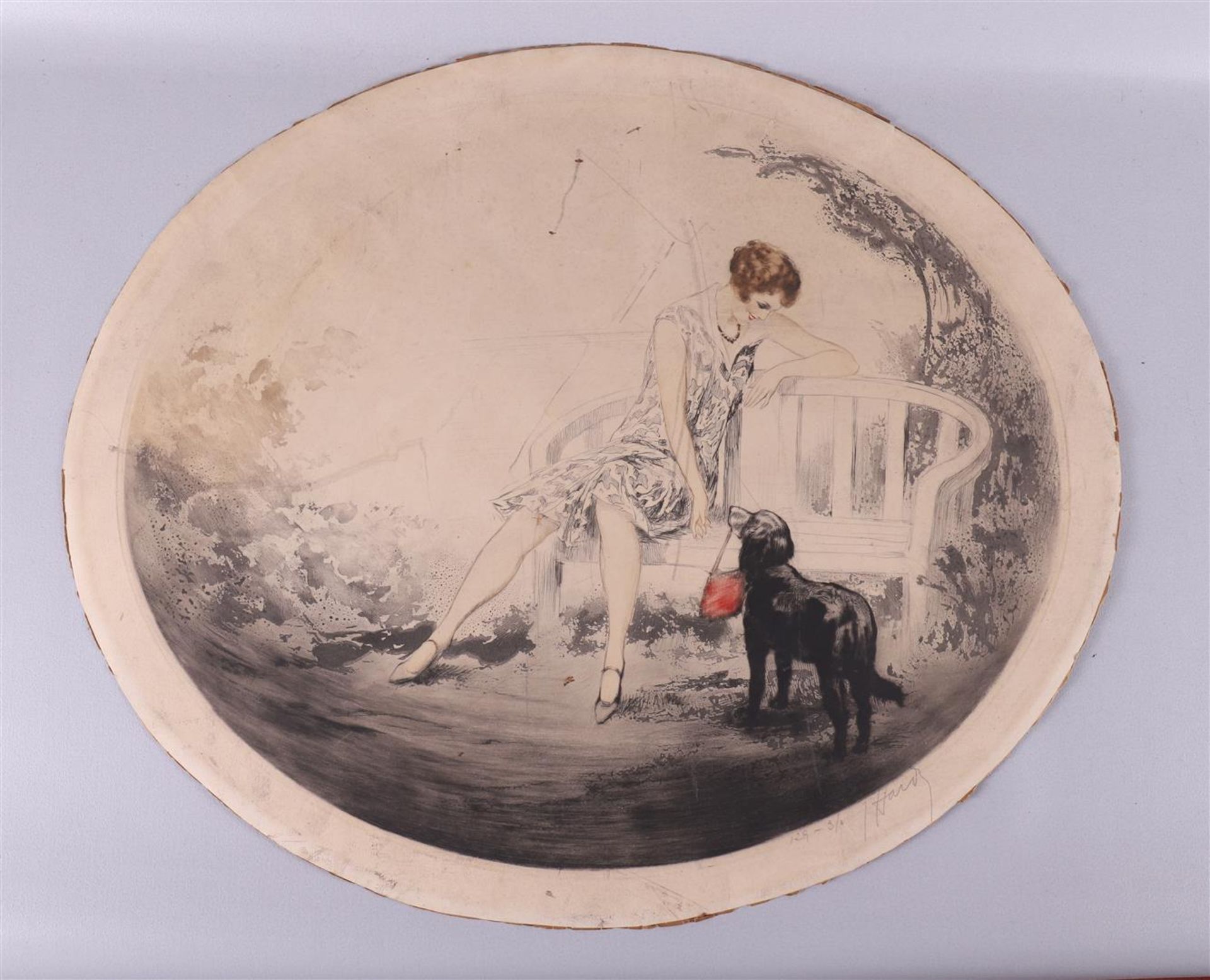 French school around 1900, in the manner of Louis Icart "Woman on a bench with dog", signed in