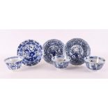 Three various blue/white porcelain cups and saucers, China, 1st half of the 19th century. Blue