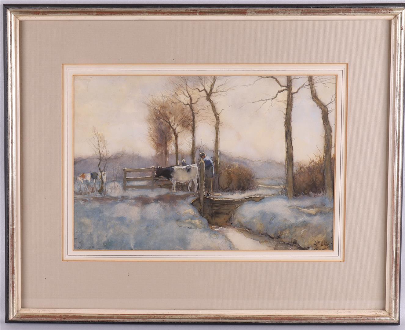 Miolee, Adrianus (Adri) (Vlissingen 1879-1961) "Winter landscape with farmer with cow near pasture",
