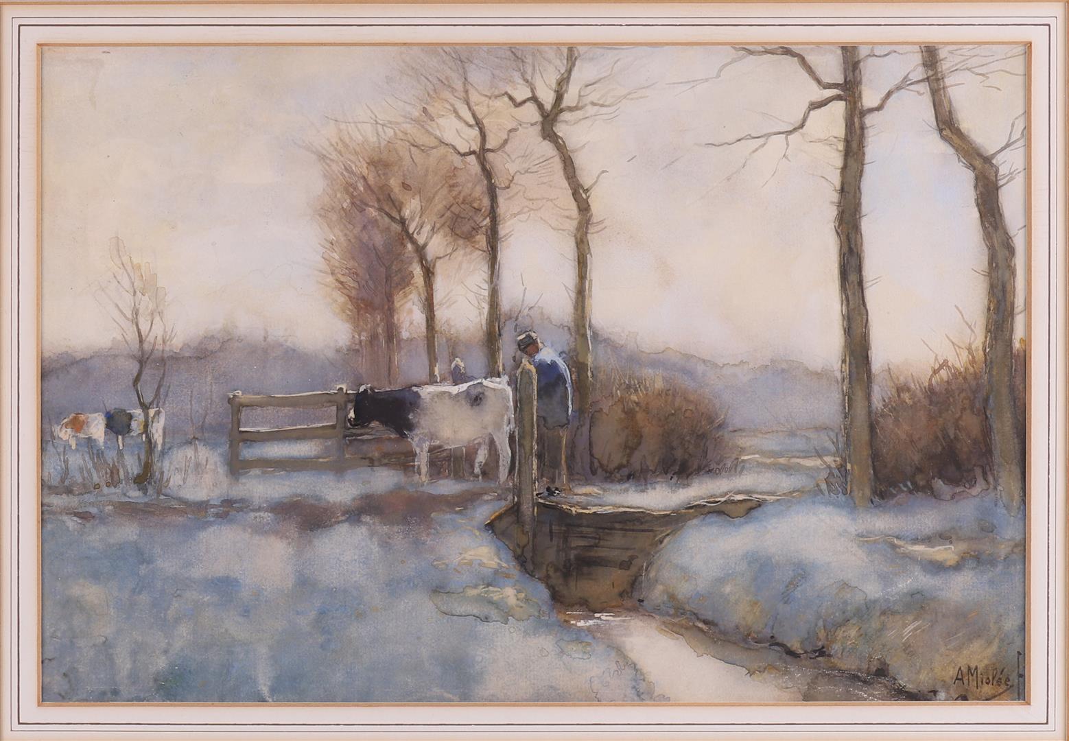 Miolee, Adrianus (Adri) (Vlissingen 1879-1961) "Winter landscape with farmer with cow near pasture", - Bild 2 aus 3