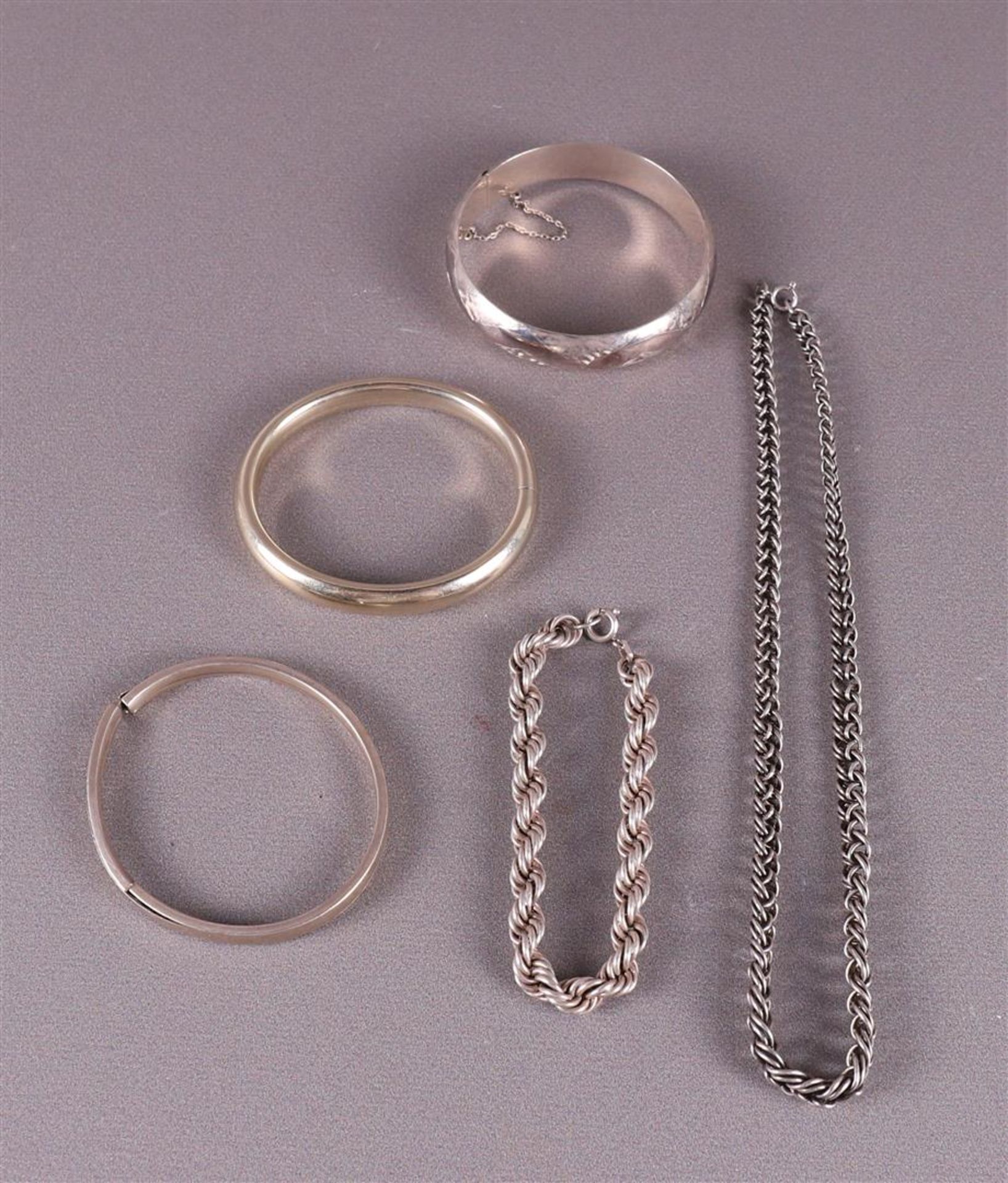 Four various silver bracelets, including slave bracelet + necklace. - Image 2 of 3