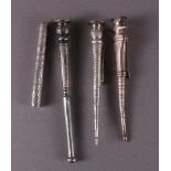 Three various silver knitting needle holders and a needle case, late 19th centur