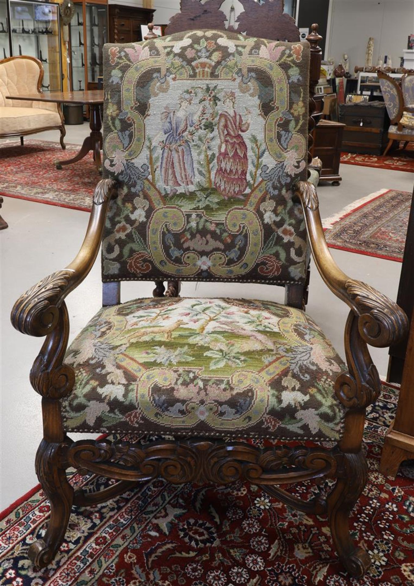 A walnut armrest armchair with gros-point upholstery, Louis XIV style,