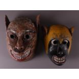 Two various polychrome wooden Wayang masks, Indonesia, 1st half 20th century