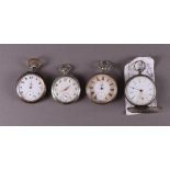 A lot of four men's vest pocket watches, including silver, around 1900.