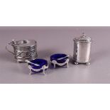 A pepper shaker, mustard bowl and salt shakers in silver mounting, including Eng