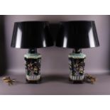 A pair of famille verte porcelain lamp bases, China, 20th century.