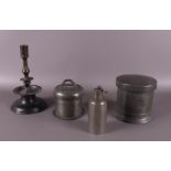 A lot of various tin, including butter pots and a brass candlestick, including 1