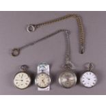 A lot of four men's vest pocket watches, including silver, around 1900