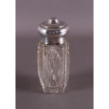 A cut crystal sugar caster with 2nd grade silver collar and cap.