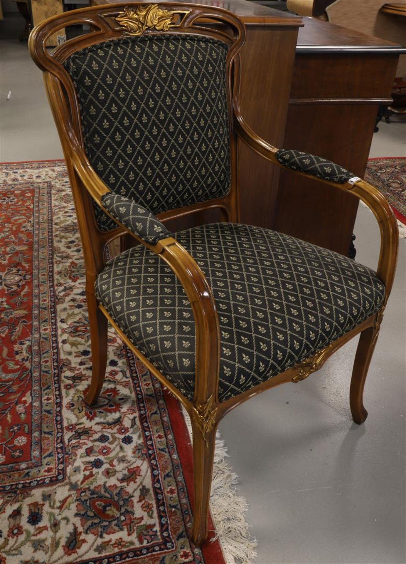 A walnut arm chair with green fabric upholstery, 20th century. - Image 2 of 2
