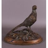 A brown patinated bronze pheasant 'Hunter's' on oval base,