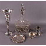 A glass decanter with silver mounting, 20th century.
