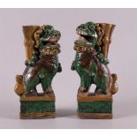 A pair of famille verte porcelain temple lions, China, 18th C.