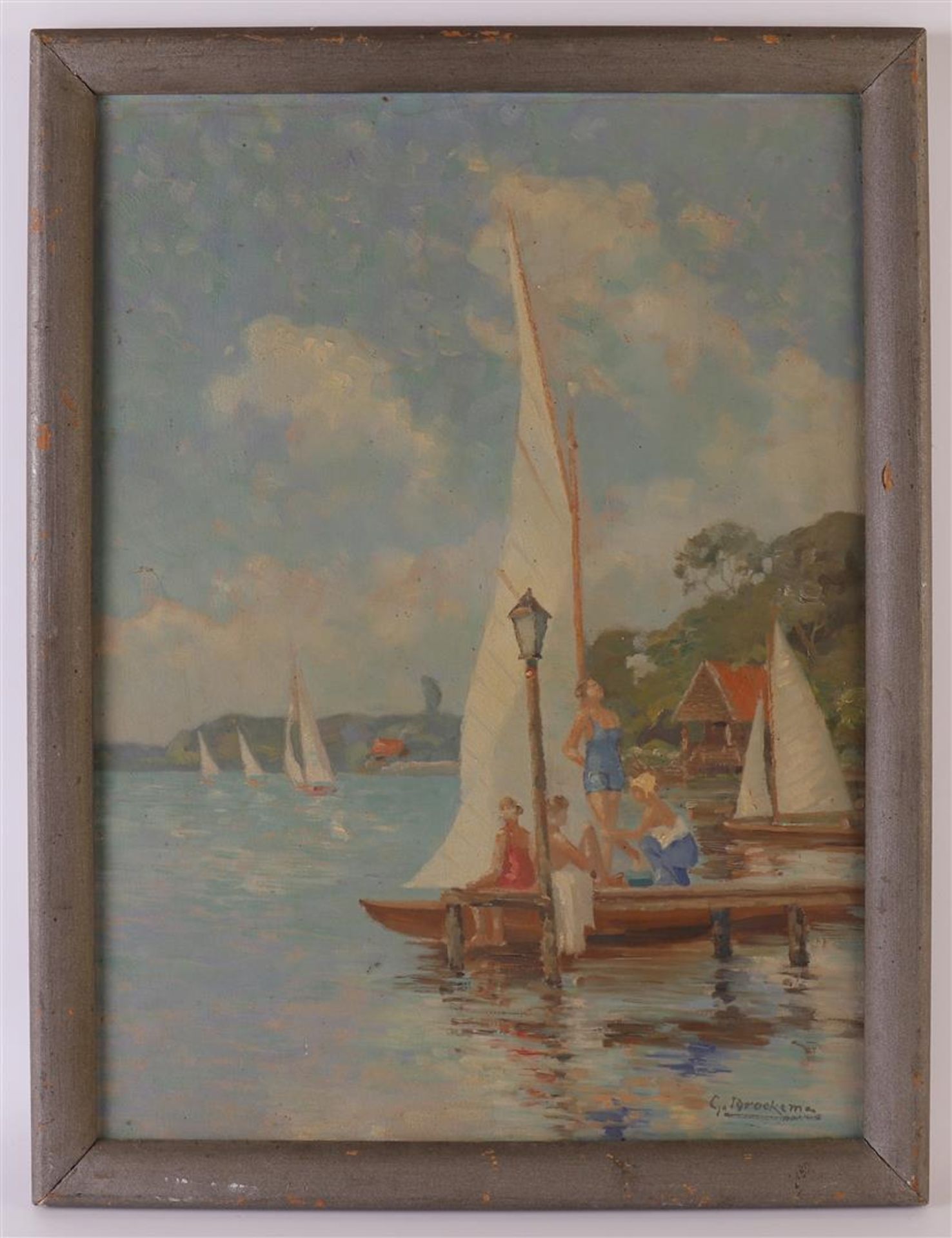 Broekema, Gerardus Berend (Assen 1866 - 1946 Kampen) "Women at moored sailing boat", signed in