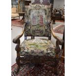 A walnut armrest armchair with gros-point upholstery, Louis XIV style, 19th century, h 115 x w 73