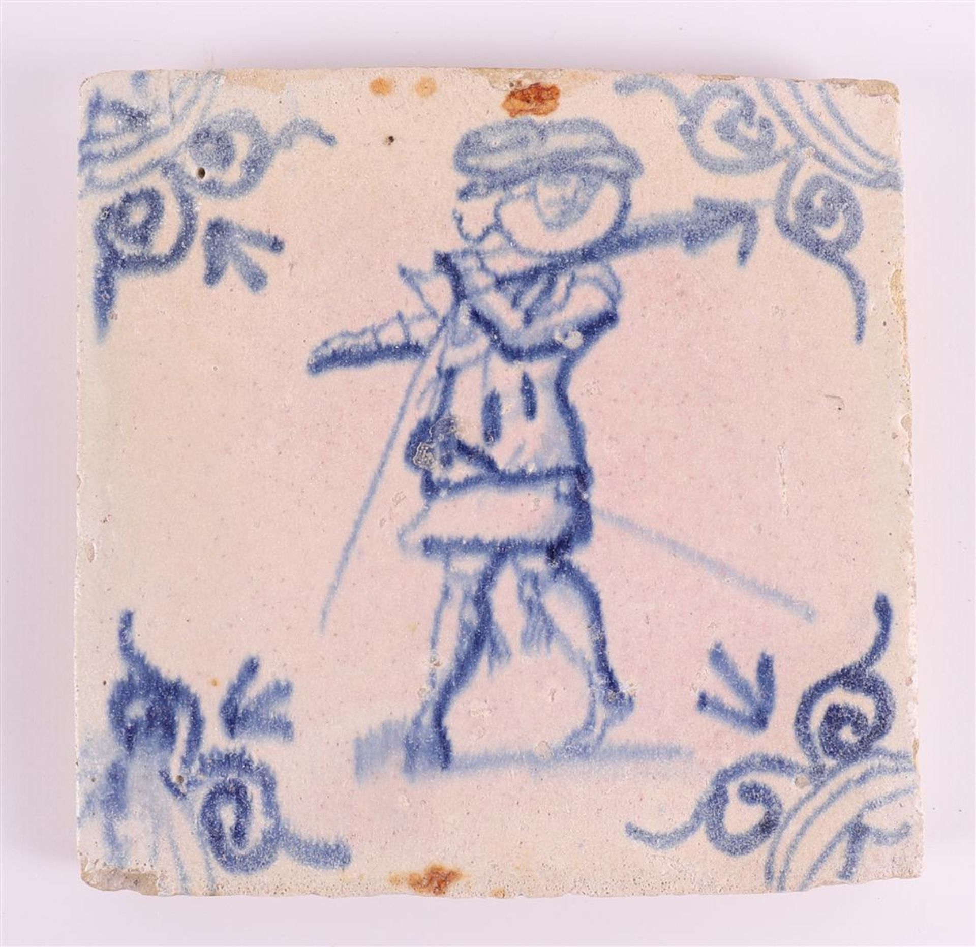 Three various blue/white tiles with, among other things, an image of a nobleman, Holland 17th - Image 3 of 5