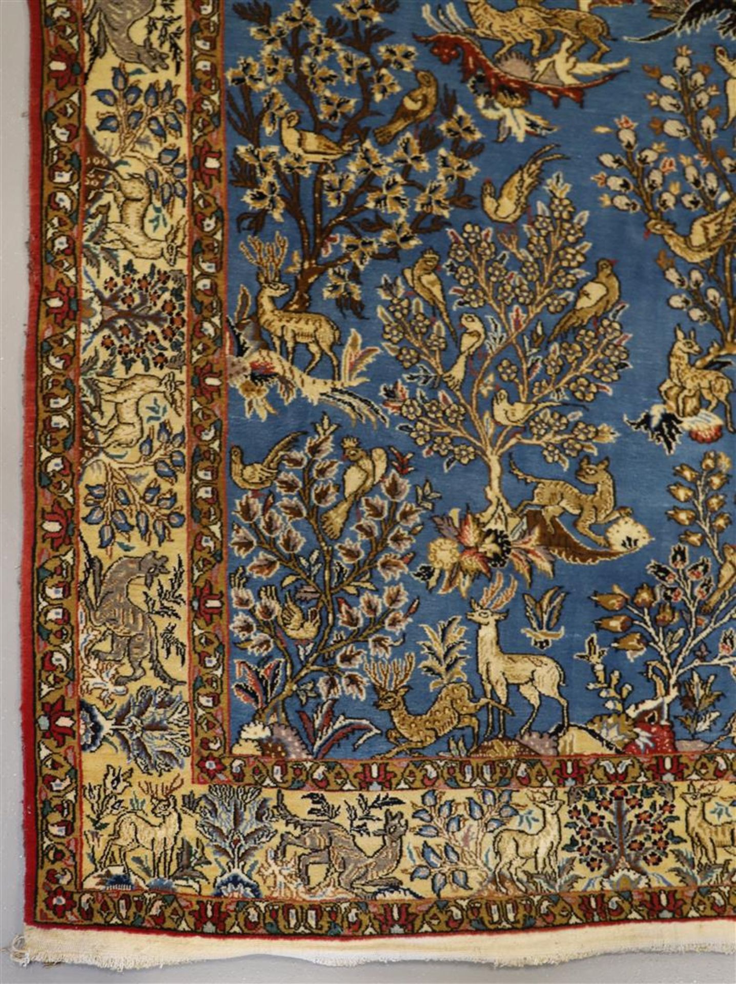 A Persian silk carpet, Ilam Sherkat Farsh. Polychrome decor of deer, hares and birds in floral - Image 3 of 6