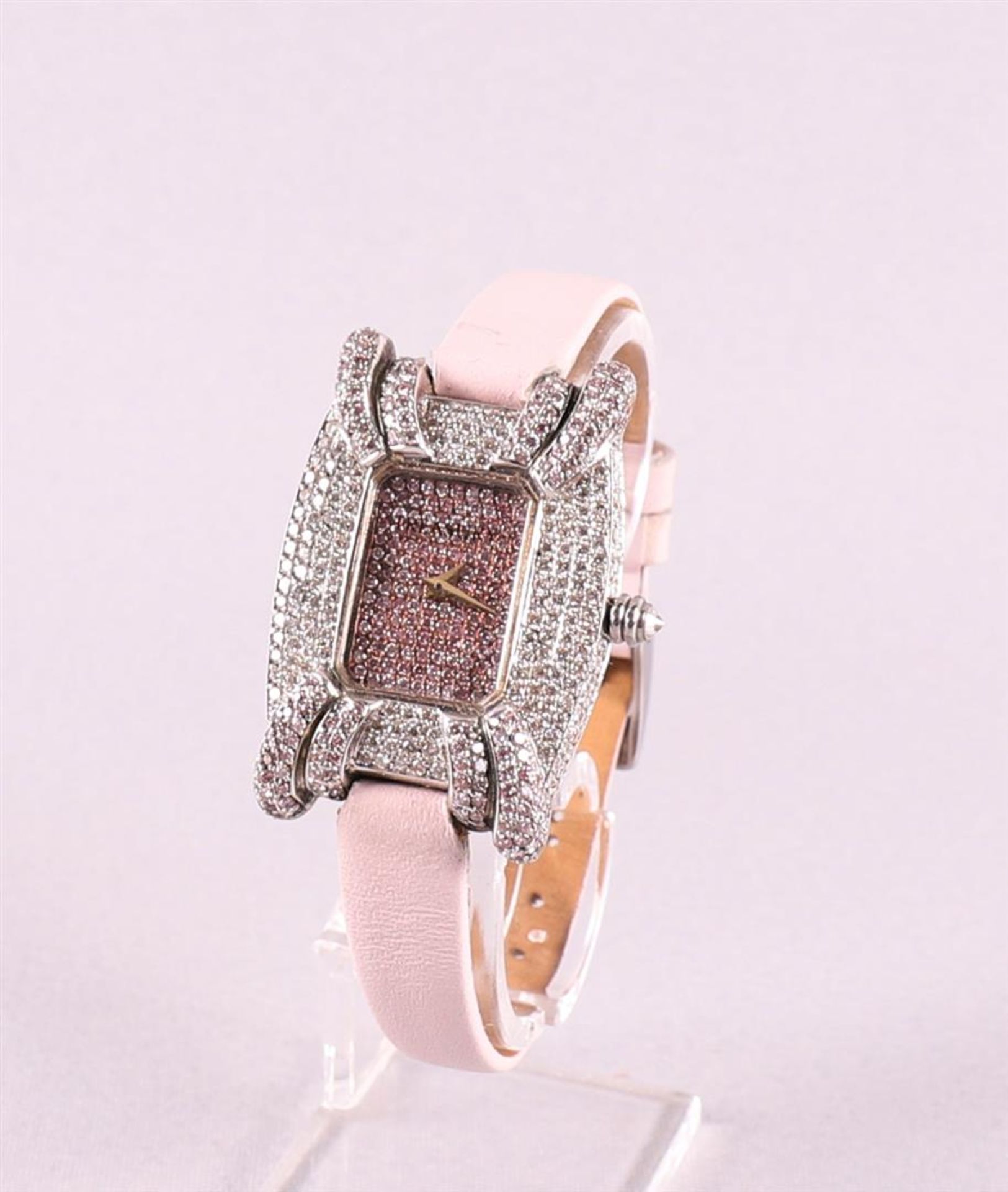 A Treasury women's wristwatch with an entourage of many brilliants, on a pink leather strap. The - Image 4 of 4