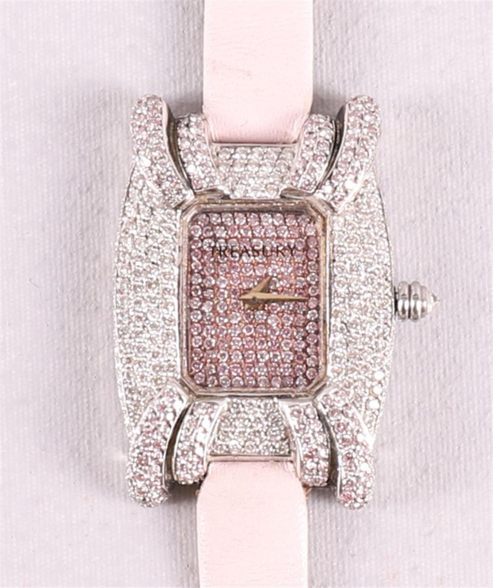 A Treasury women's wristwatch with an entourage of many brilliants, on a pink leather strap. The - Image 2 of 4