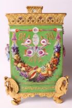 A porcelain vase, Austria/France 19th century. Polychrome floral decor, swans as legs on the