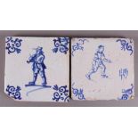 A blue/white tile depicting a handball player, Holland 17th century, h 12.8 x w 13 cm. Here is a