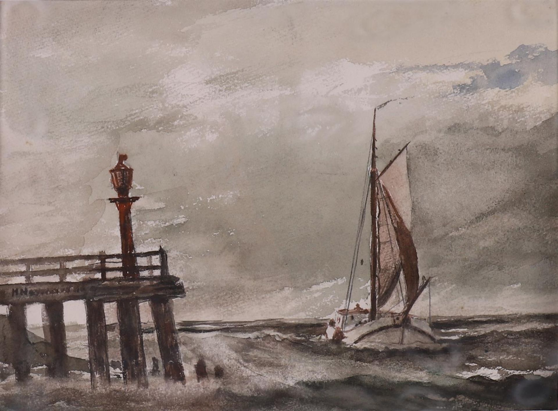 Hamminga, Rieks (1918-) "Botter at harbor mouth", signed l.l., watercolor/paper, h 16.5 x w 22 cm. - Image 2 of 4