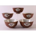 A series of five porcelain capucine bowls, so-called Batavia porcelain, China, 19th century, h5.7