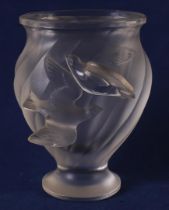 A satin-finished Lalique 'Rosine Frosted Crystal' vase Raised Dove Birds, France, Lalique, 1960-