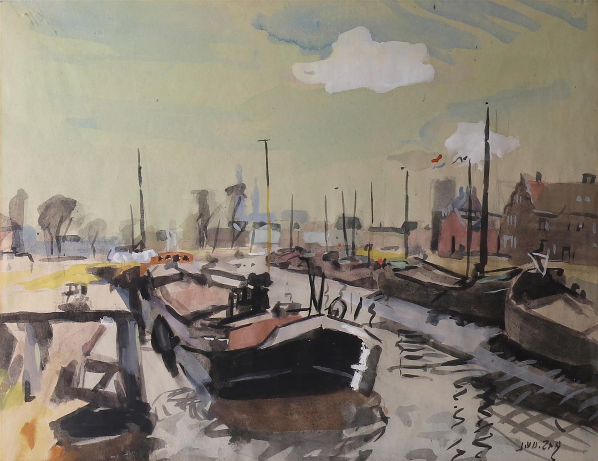 Jan v.d. Sea (1898-1988) "Damsterdiep", signed in full right, gouache/watercolour, h 49 x w64 cm. - Image 2 of 4