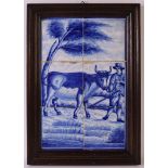 A six-step blue under-glaze decorated earthenware tile tableau, farmer with cow, 1st half of the