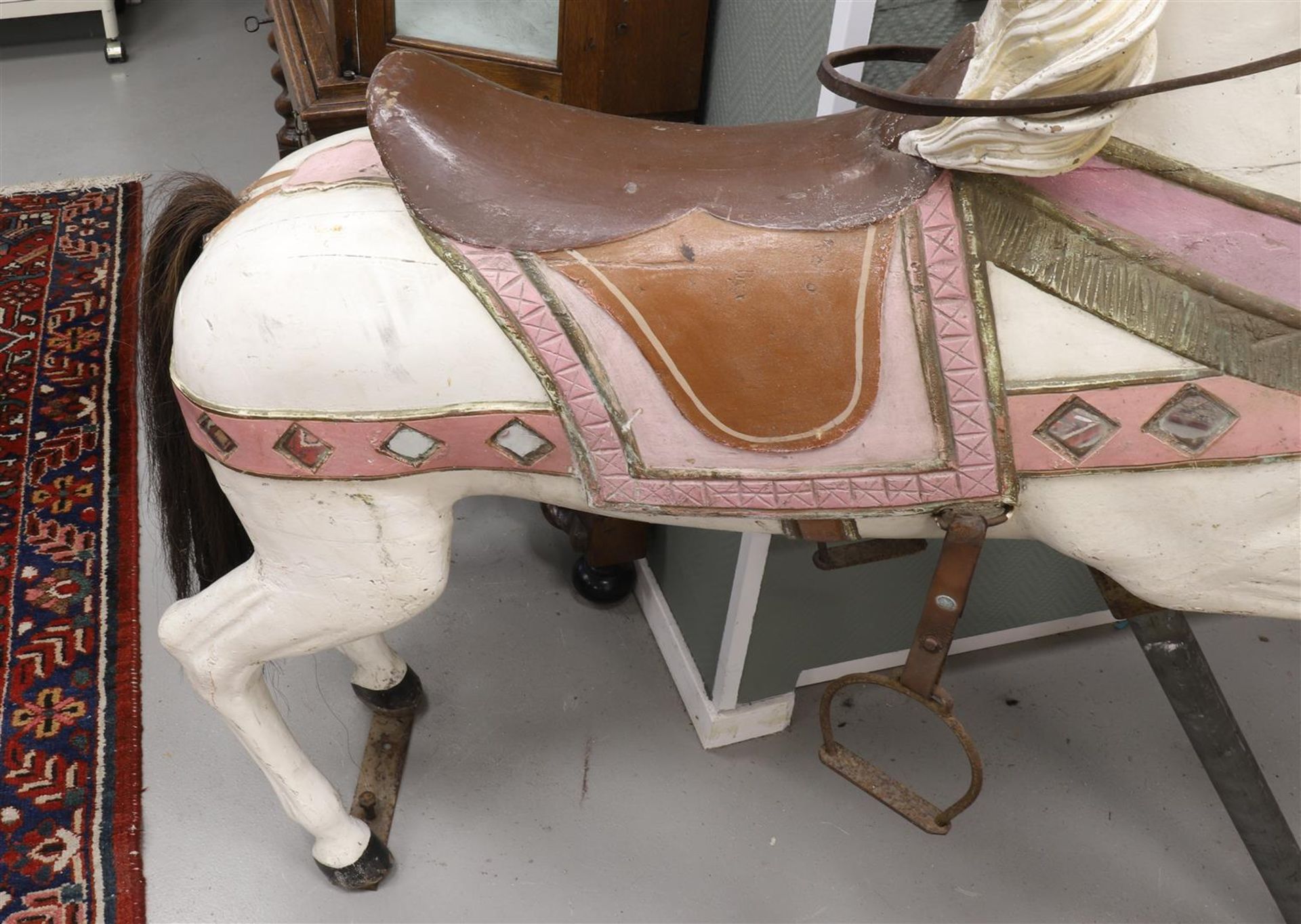 A white lacquered wooden fair horse, mid-20th century, h 140 x l 130 cm. - Image 3 of 6