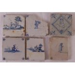 A lot of twelve blue/white tiles with various scenes, 17th/18th century, to. 12x (damage).