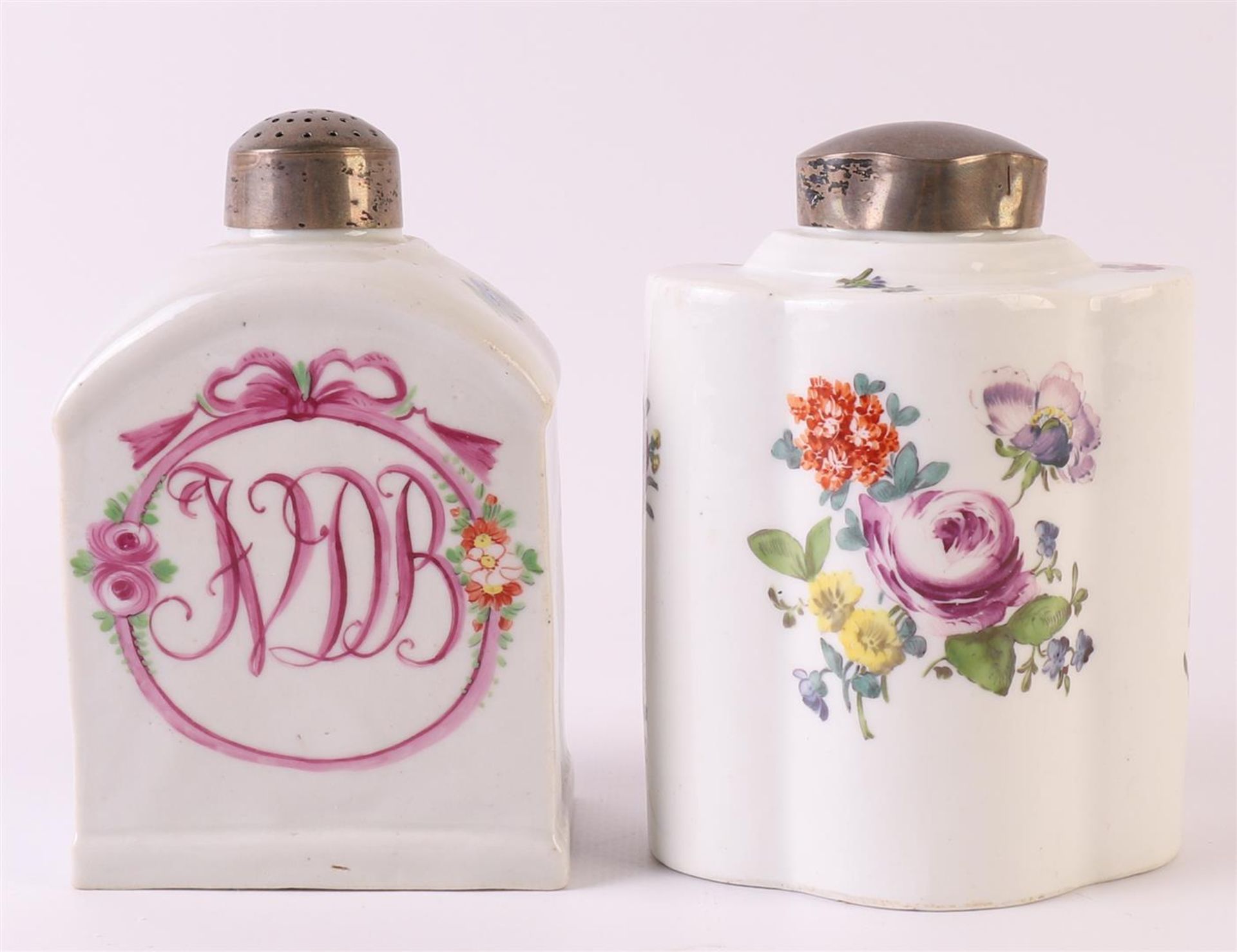 A porcelain tea caddy with silver lid, Germany, Meissen, 20th century. Polychrome floral decor,