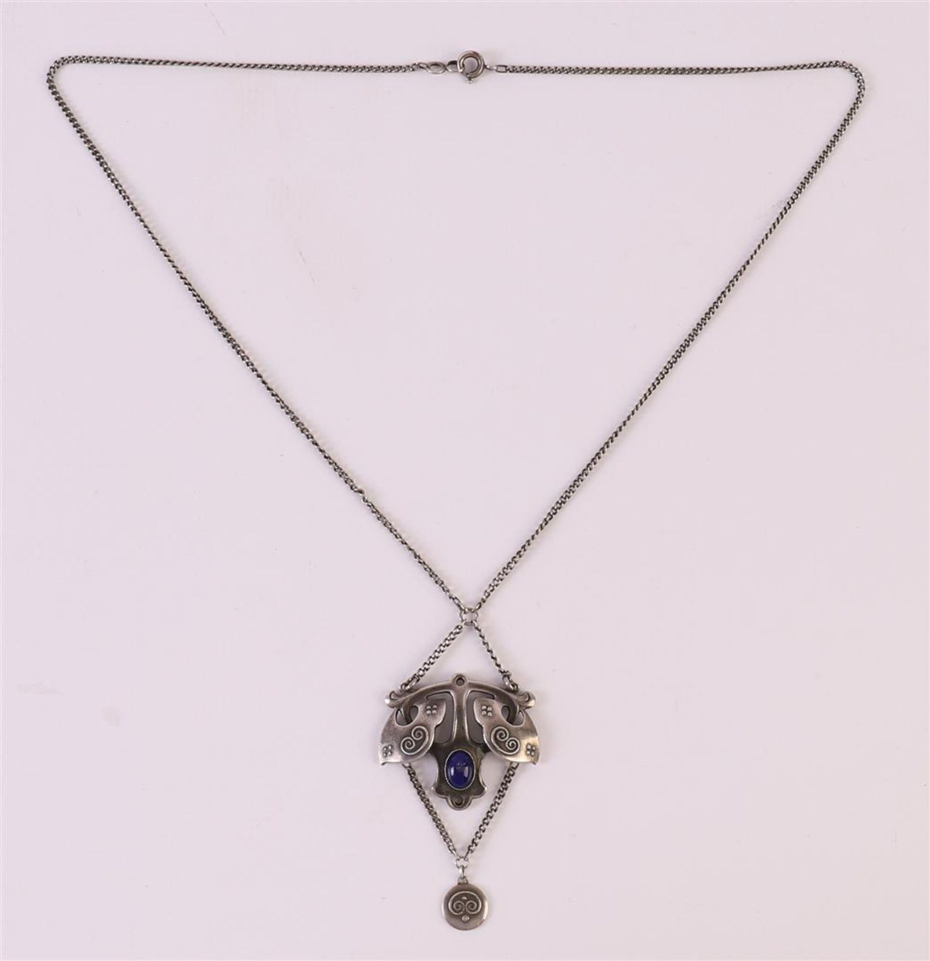 A 900/1000 silver Art Nouveau necklace with a cabochon cut blue stone made of glass paste. Company