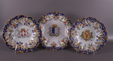 Three various earthenware contoured coats of arms, France, Samson, 20th century, Ø 27 and 30 cm,