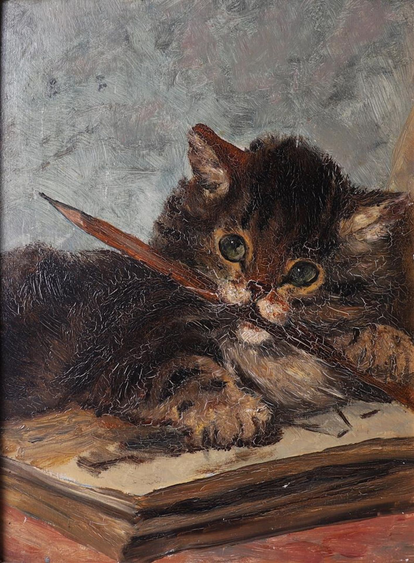 Ronner-Knip, Henriëtte (in the manner of) "Kitten with pencil and book", ca. 1900. Not signed, oil - Bild 2 aus 3