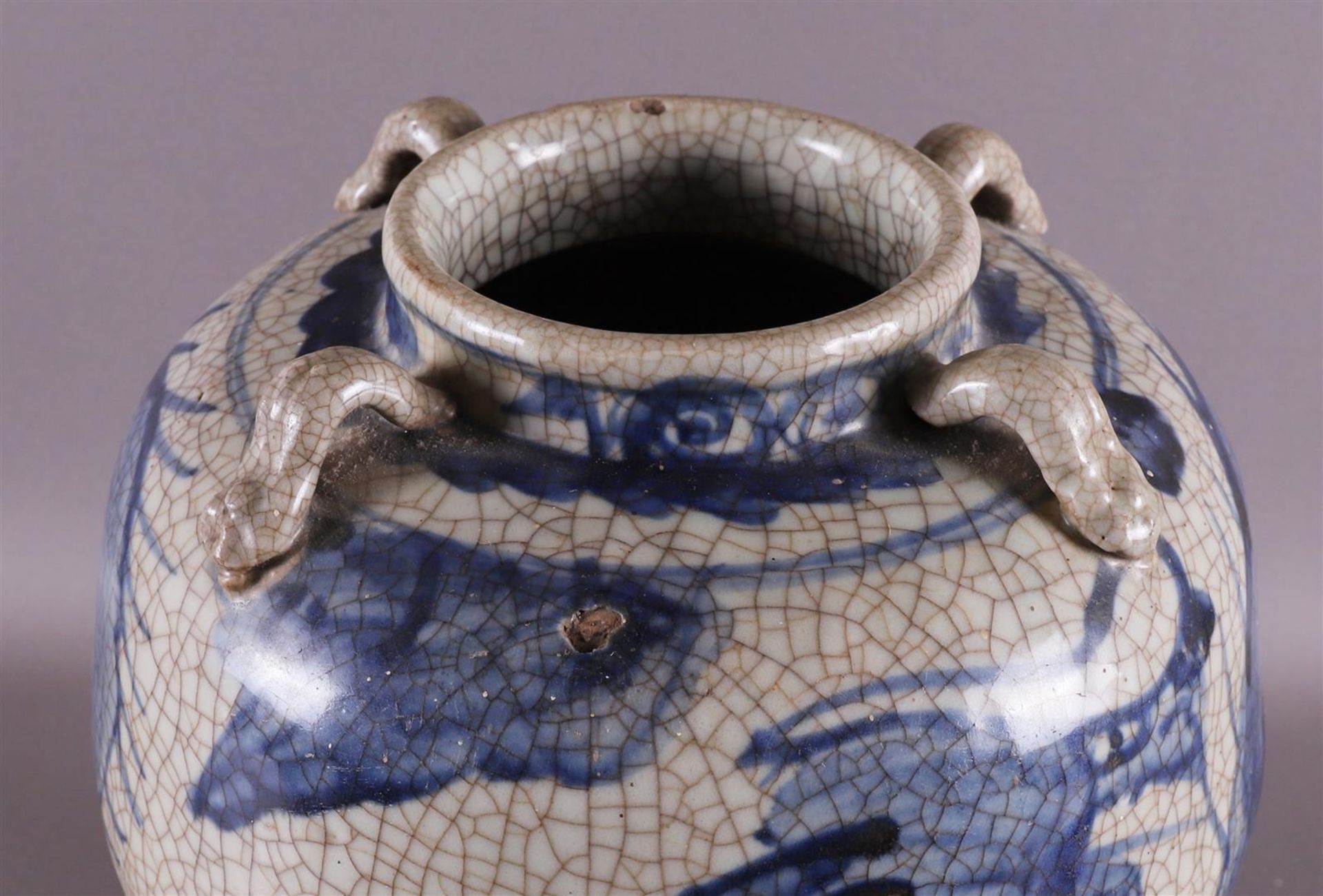 A baluster-shaped Swatow martavan, China, Ming, 16th century. Blue underglaze decor of dragon with - Image 5 of 9