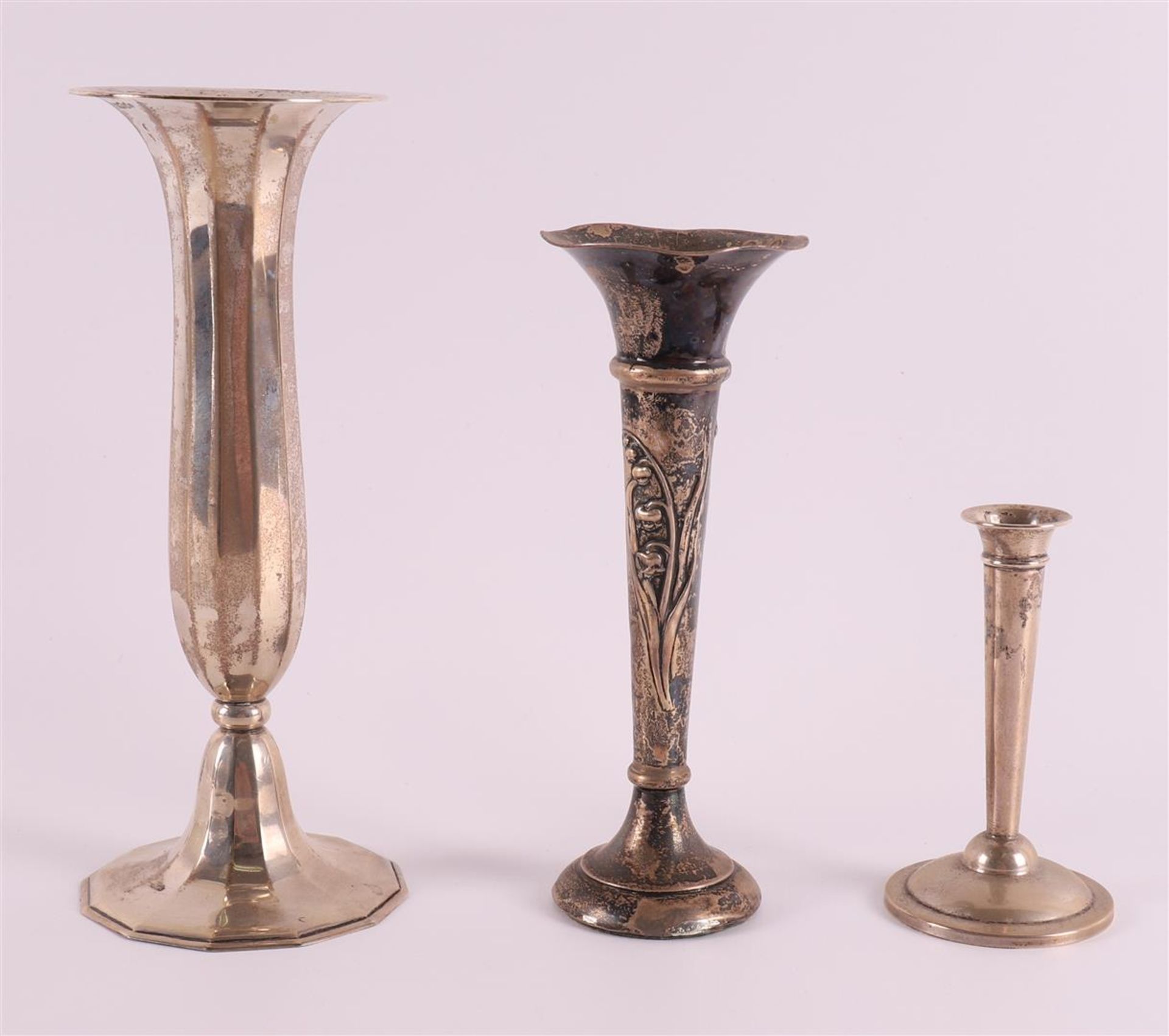 Three silver orchid vases, 20th century. Here are two clear crystal jugs with silver frames, up - Image 2 of 4