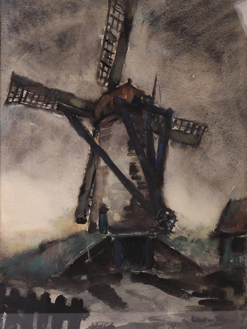 Ydo, Wouter Adriaan (Vlaardingen 1887-1965) "Mill in landscape", signed in full right, watercolor/ - Image 2 of 3