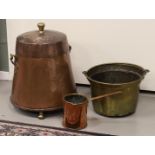 A copper conical cover pot, Northern Netherlands 19th century. Includes a jug and brass milk bucket,