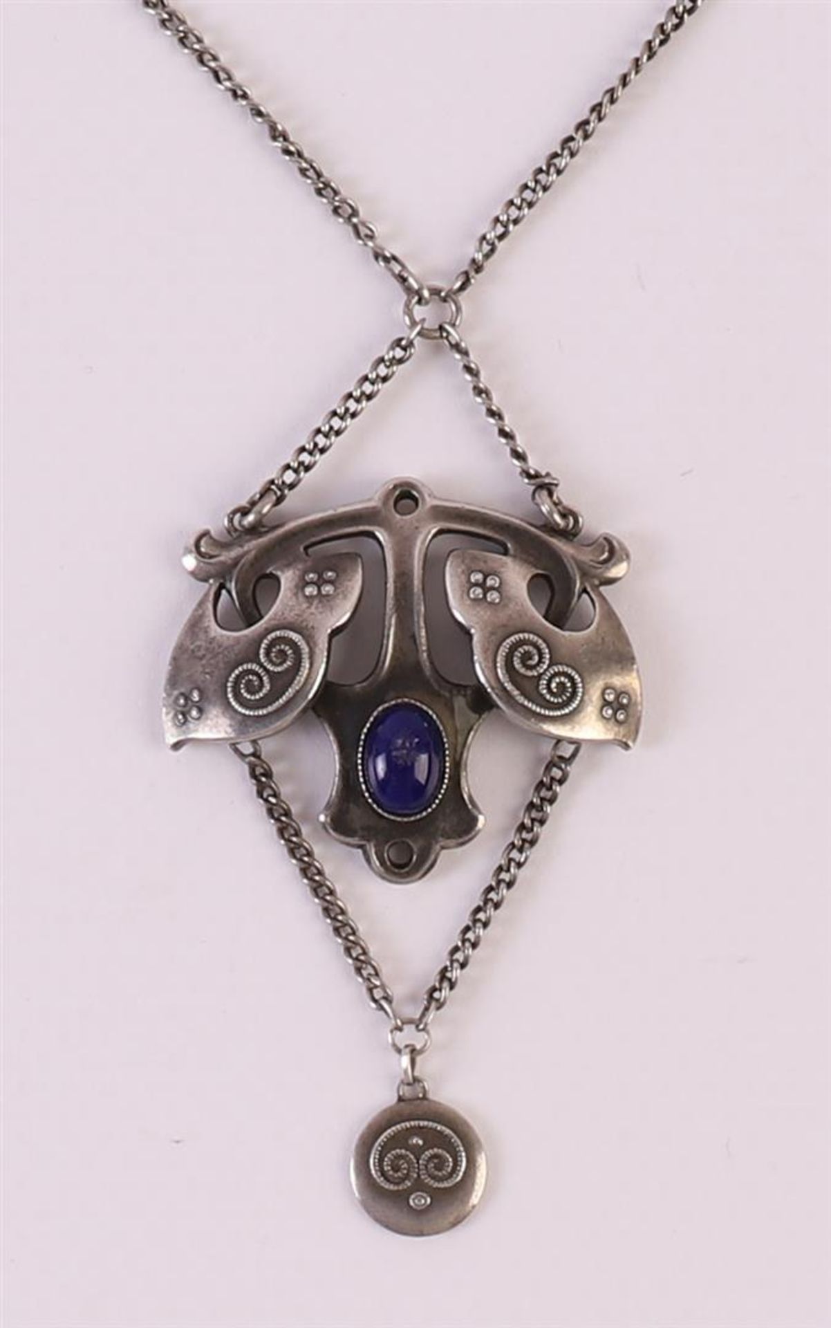 A 900/1000 silver Art Nouveau necklace with a cabochon cut blue stone made of glass paste. Company - Image 2 of 3