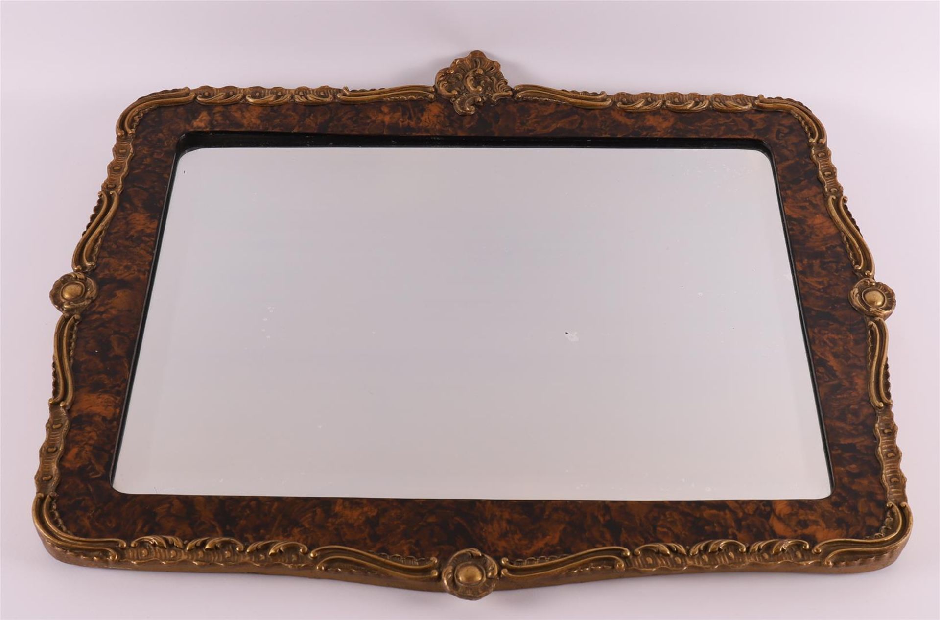 A rectangular facet cut mirror in profile frame with burr walnut wood imitation, late 19th