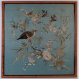 An embroidery depicting figures with peonies and birds, China, 20th century, h 58 x w58 cm (