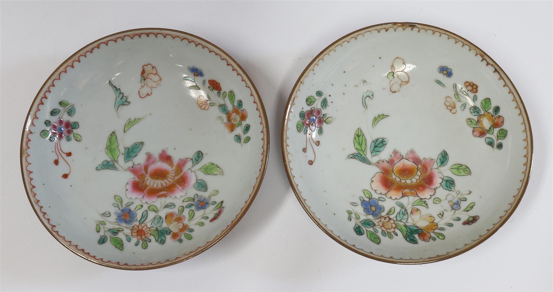 A series of porcelain famille rose cups and saucers on capucine ground, China, Qianlong, 18th - Image 6 of 17