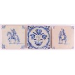 Two blue/white equestrian tiles with ox head corner motifs, Holland 17th century. Here is a flower